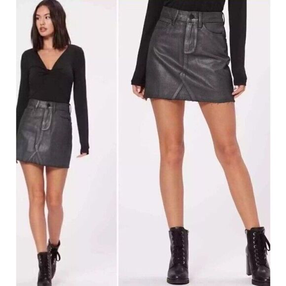 Skirt PAIGE High Waist Aideen Mini Skirt Black Gray Raw Metallic Edge Sz 24‎ - Picture 4 of 10